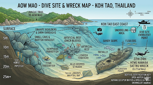 Aow Mao and wreck dive site map